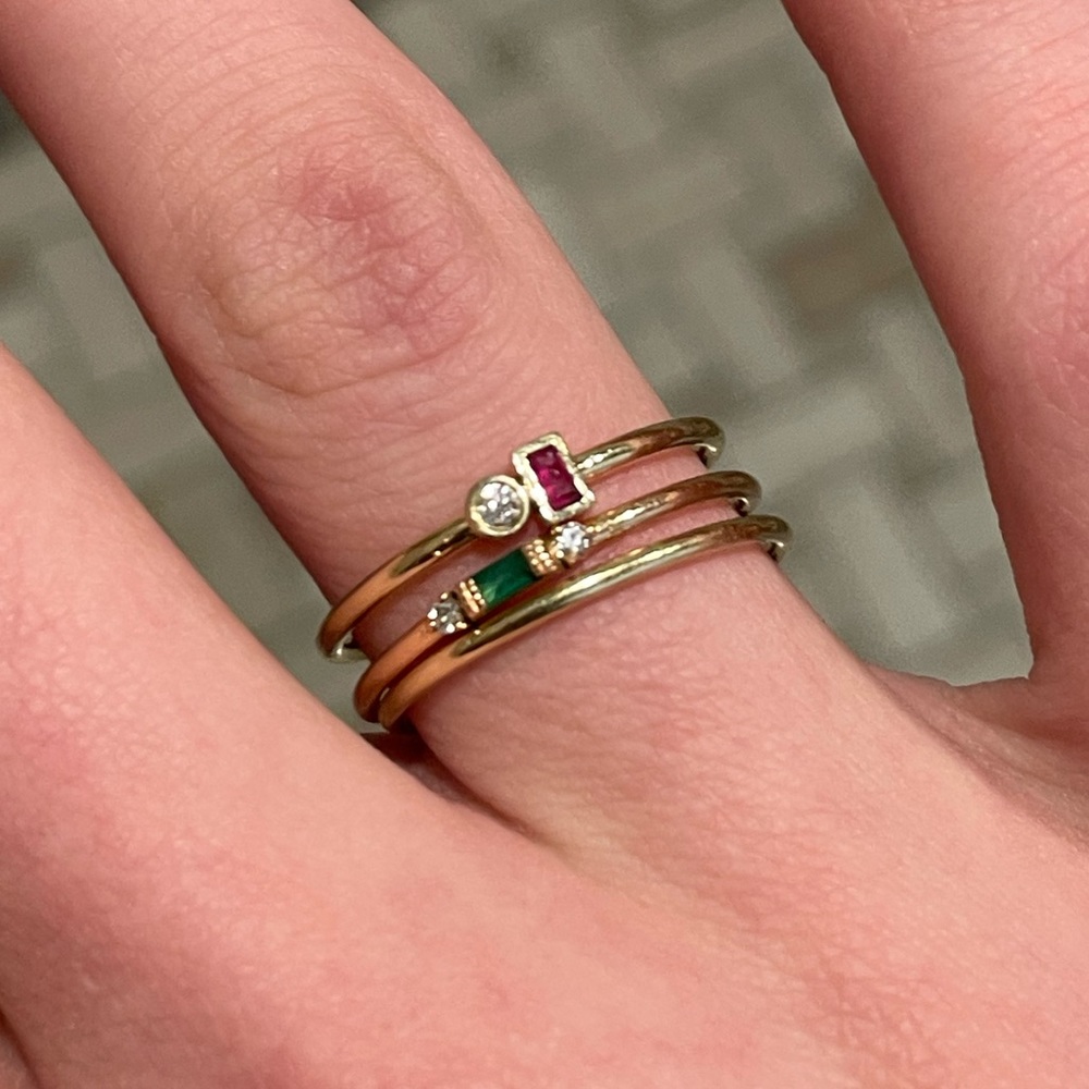 Ferkos 14k Baguette Ruby/emerald and Diamond ring set of three